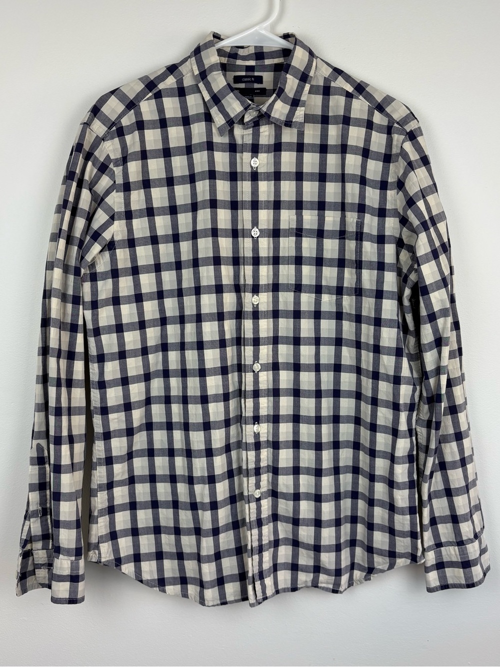 GAP Men's Navy & White Plaid Button-Down Medium 100% Cotton Preppy Academia